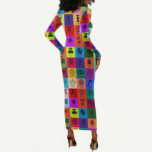 Multi Color Adinkra Symbols Long Sleeve Bodycon Dress African Adrinkra