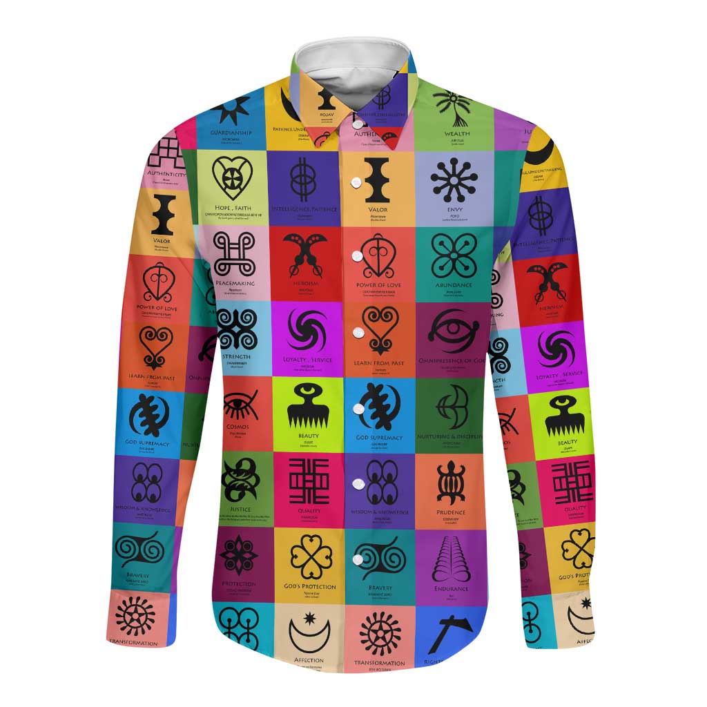 Multi Color Adinkra Symbols Long Sleeve Button Shirt African Adrinkra