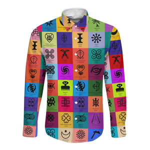 Multi Color Adinkra Symbols Long Sleeve Button Shirt African Adrinkra