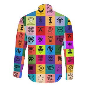 Multi Color Adinkra Symbols Long Sleeve Button Shirt African Adrinkra