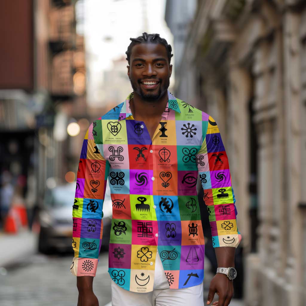 Multi Color Adinkra Symbols Long Sleeve Button Shirt African Adrinkra