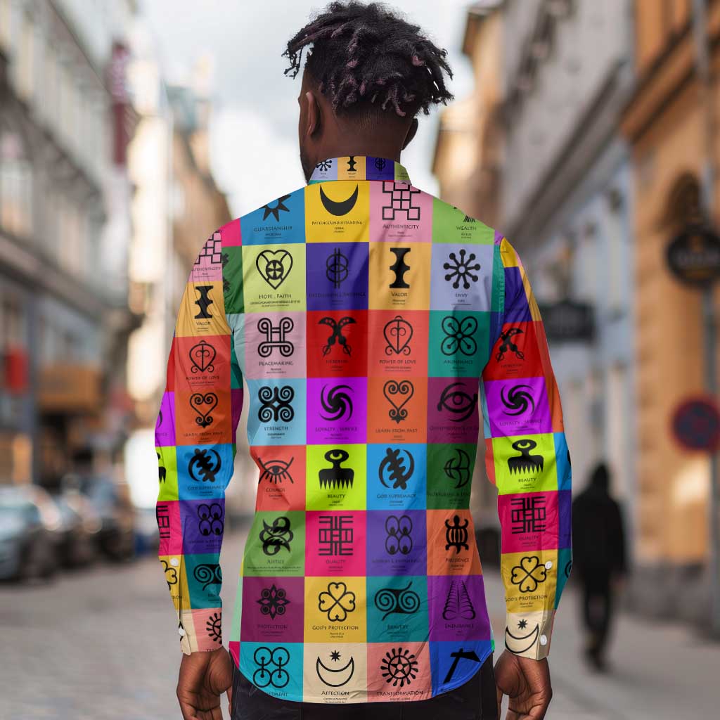 Multi Color Adinkra Symbols Long Sleeve Button Shirt African Adrinkra