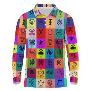 Multi Color Adinkra Symbols Long Sleeve Polo Shirt African Adrinkra