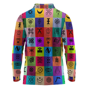 Multi Color Adinkra Symbols Long Sleeve Polo Shirt African Adrinkra