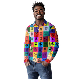 Multi Color Adinkra Symbols Long Sleeve Polo Shirt African Adrinkra