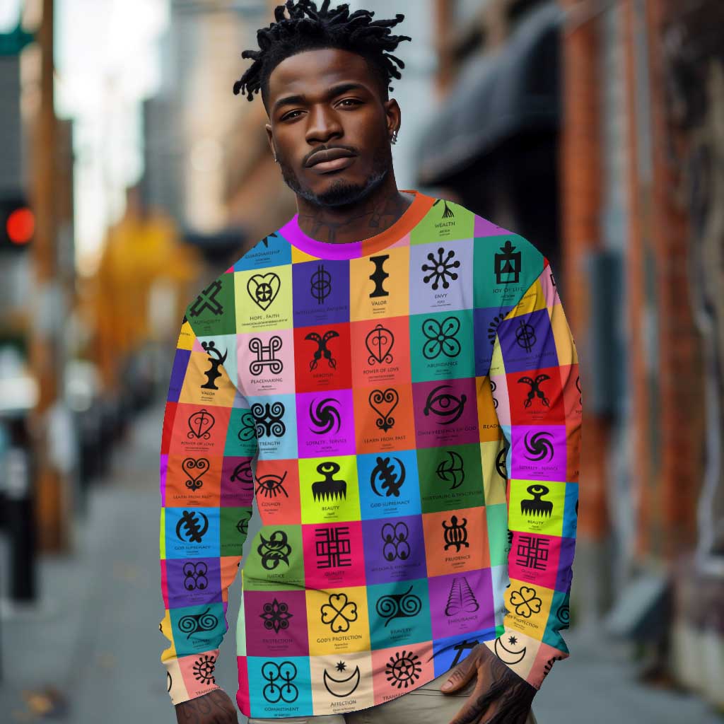 Multi Color Adinkra Symbols Long Sleeve Shirt African Adrinkra DT02