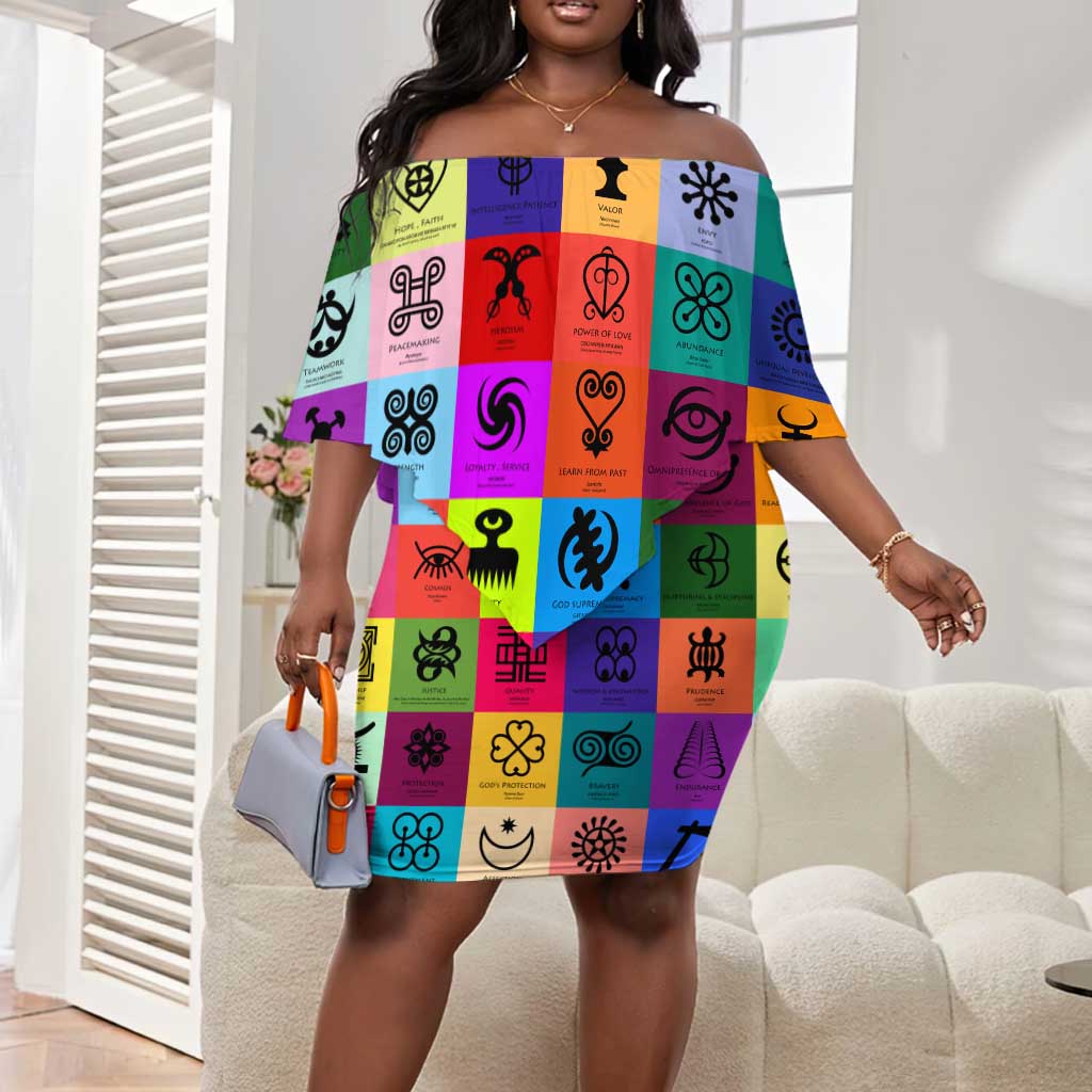 Multi Color Adinkra Symbols Off Shoulder Short Dress African Adrinkra