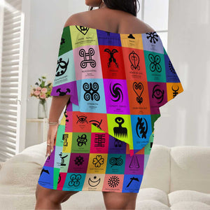 Multi Color Adinkra Symbols Off Shoulder Short Dress African Adrinkra