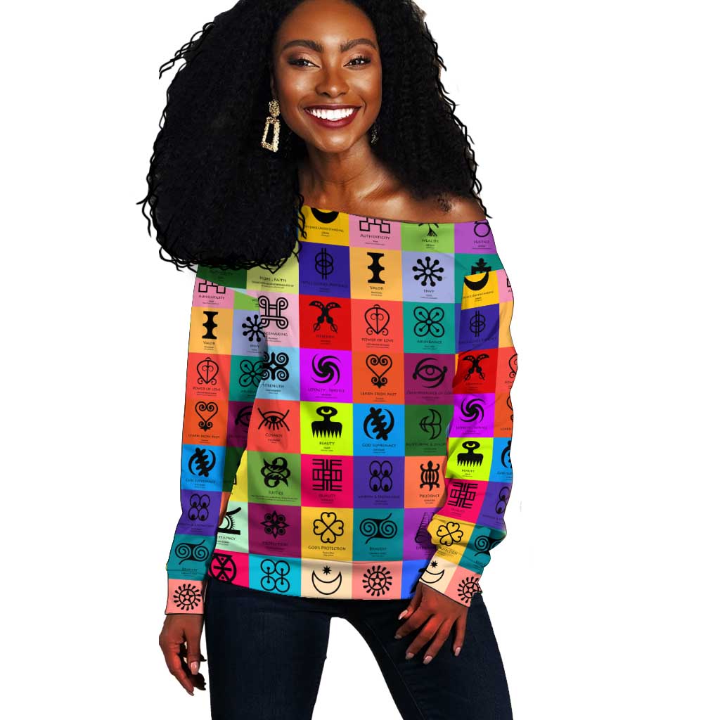 Multi Color Adinkra Symbols Off Shoulder Sweater African Adrinkra