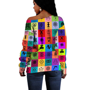 Multi Color Adinkra Symbols Off Shoulder Sweater African Adrinkra