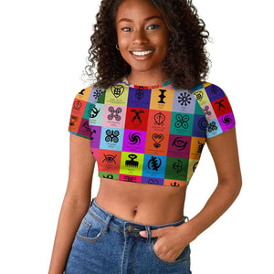 Multi Color Adinkra Symbols Raglan Cropped T shirt African Adrinkra