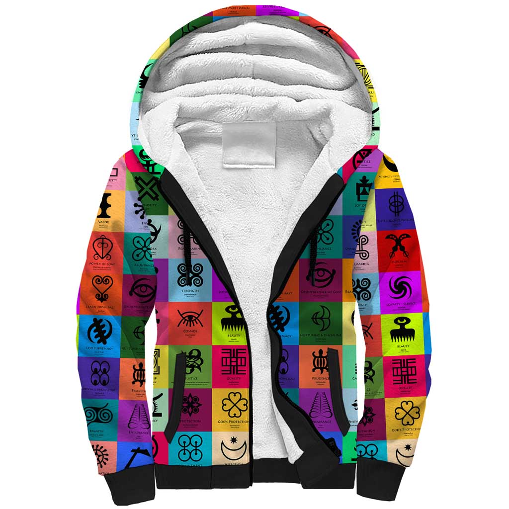 Multi Color Adinkra Symbols Sherpa Hoodie African Adrinkra