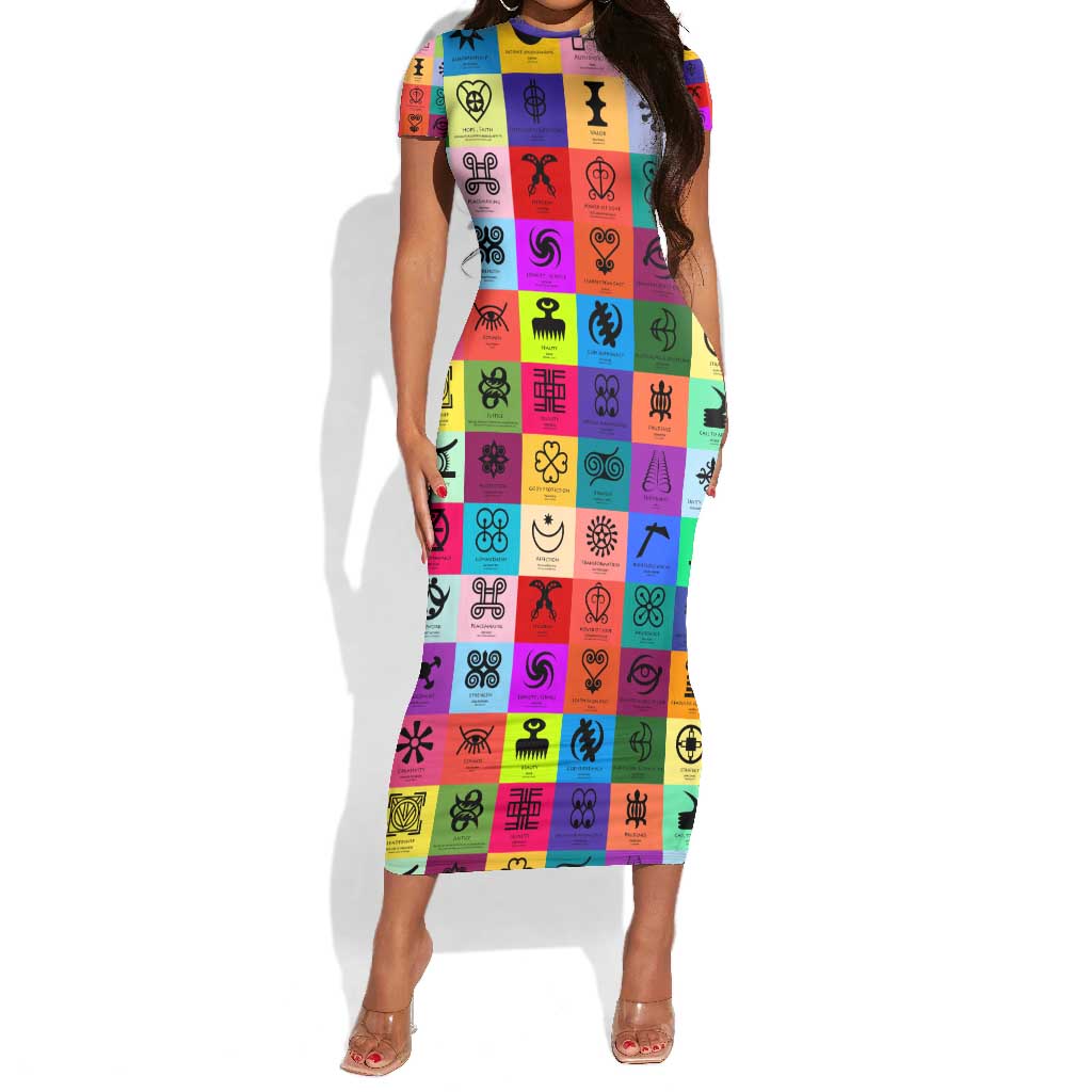 Multi Color Adinkra Symbols Short Sleeve Bodycon Dress African Adrinkra DT02