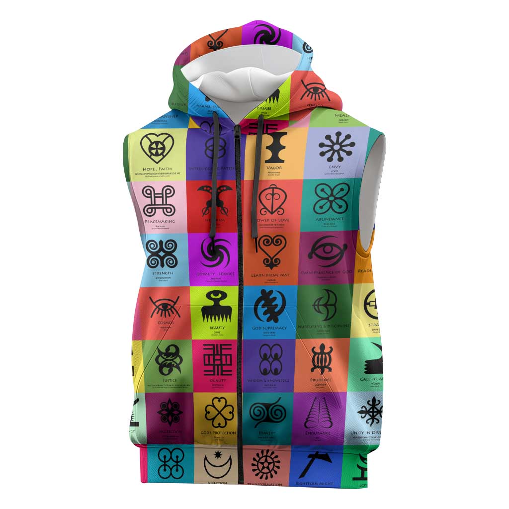Multi Color Adinkra Symbols Sleeveless Zip Hoodie African Adrinkra - African Pride