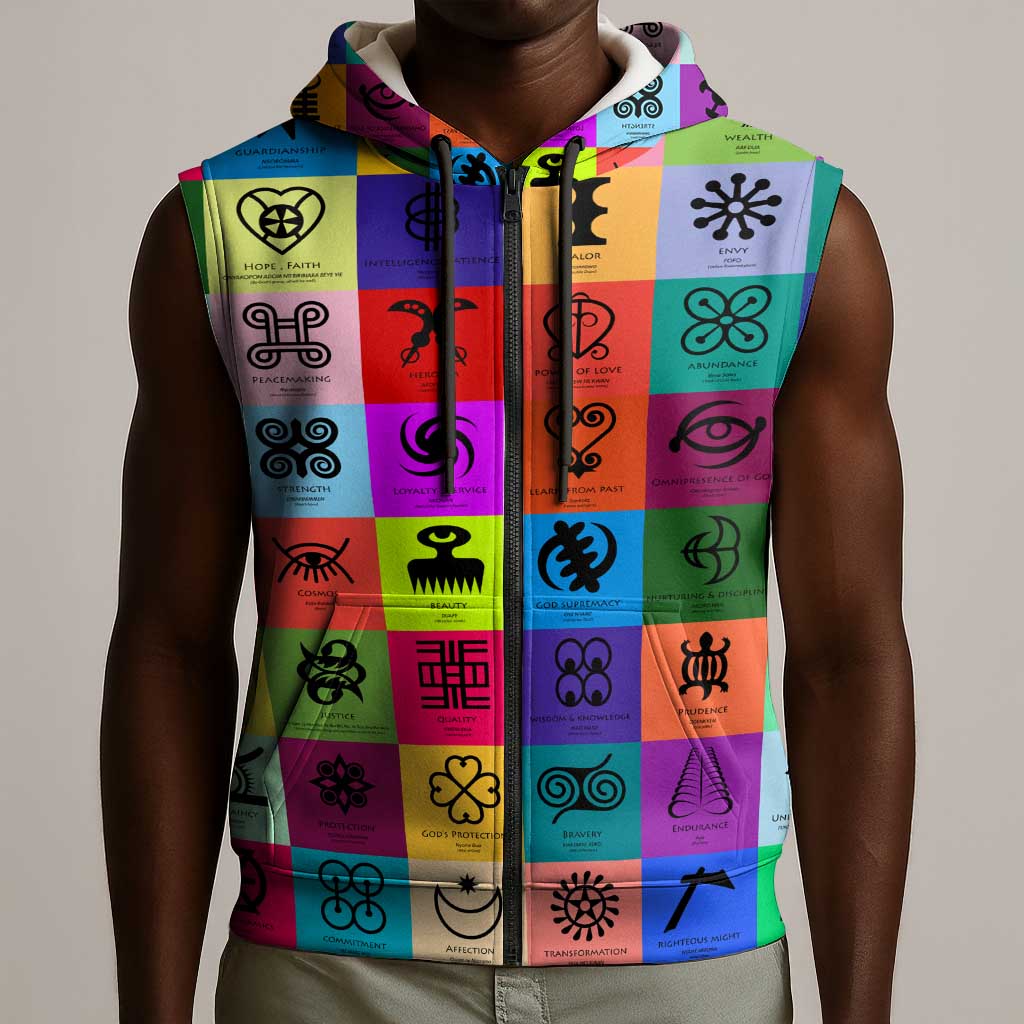 Multi Color Adinkra Symbols Sleeveless Zip Hoodie African Adrinkra - African Pride