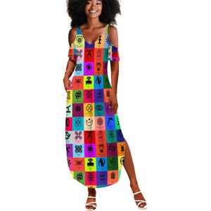 Multi Color Adinkra Symbols Summer Maxi Dress African Adrinkra