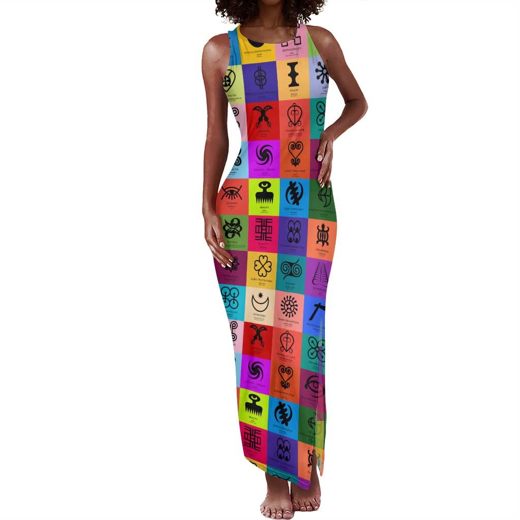 Multi Color Adinkra Symbols Tank Maxi Dress African Adrinkra