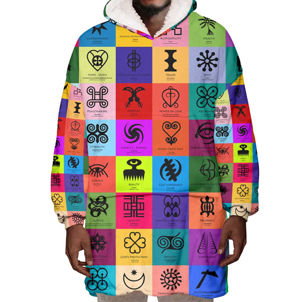 Multi Color Adinkra Symbols Wearable Blanket Hoodie African Adrinkra