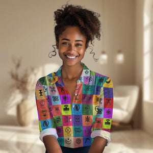 Multi Color Adinkra Symbols Women Casual Shirt African Adrinkra