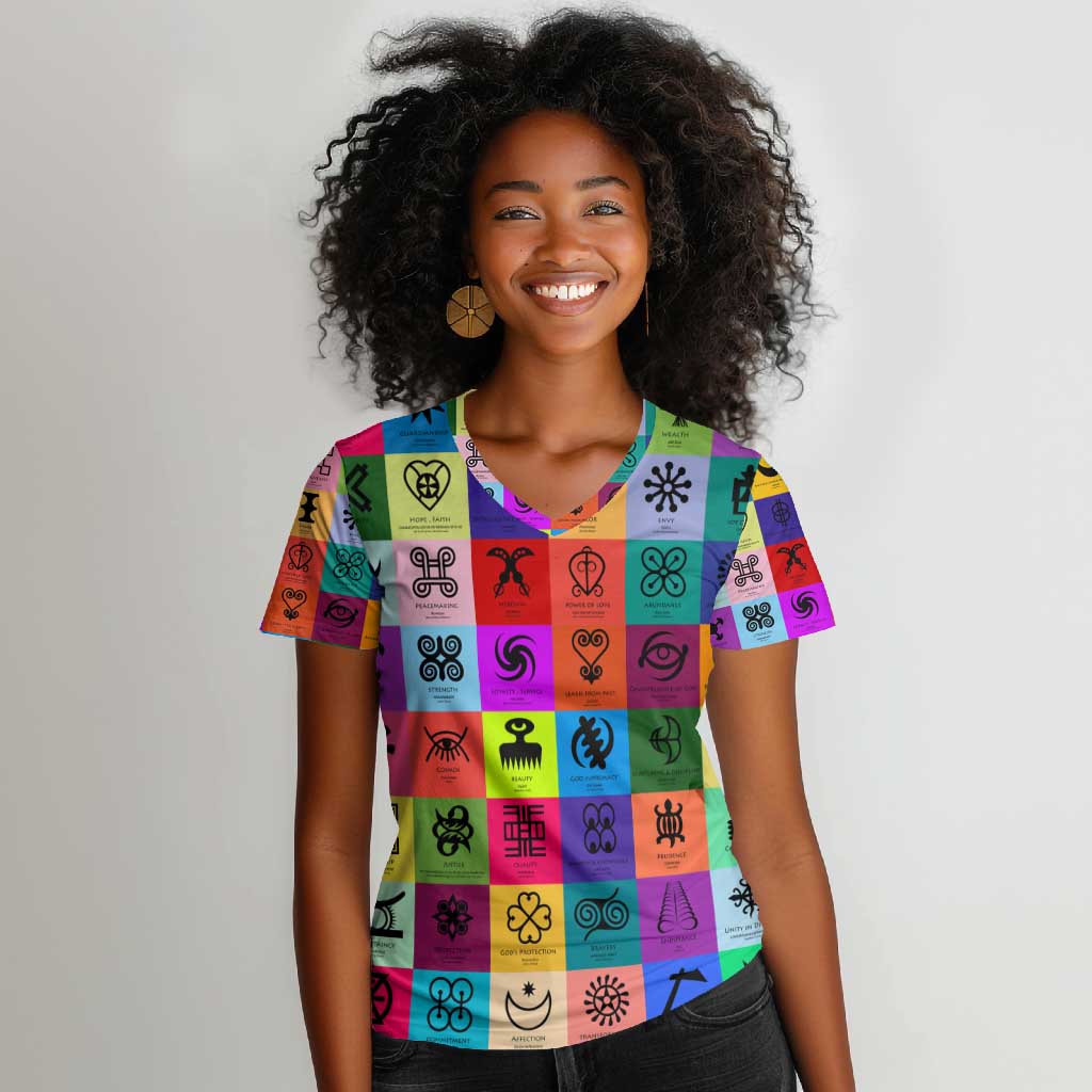 Multi Color Adinkra Symbols Women V-Neck T-Shirt African Adrinkra