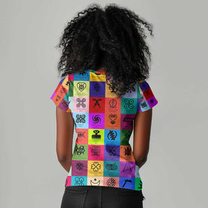 Multi Color Adinkra Symbols Women V-Neck T-Shirt African Adrinkra