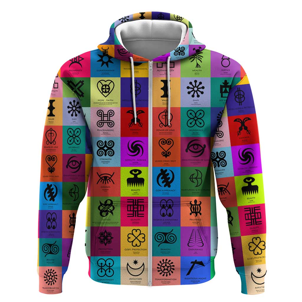 Multi Color Adinkra Symbols Zip Hoodie African Adrinkra