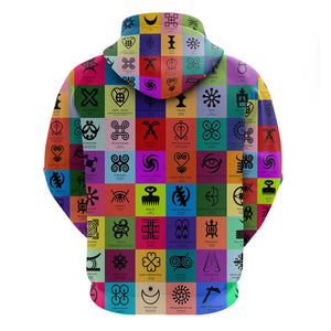 Multi Color Adinkra Symbols Zip Hoodie African Adrinkra