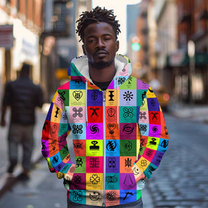 Multi Color Adinkra Symbols Zip Hoodie African Adrinkra