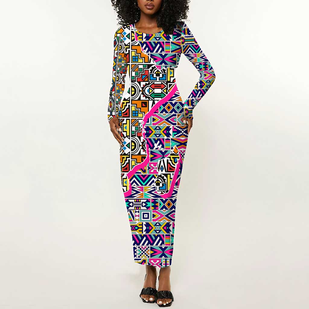 African Ndebele Pattern Long Sleeve Bodycon Dress