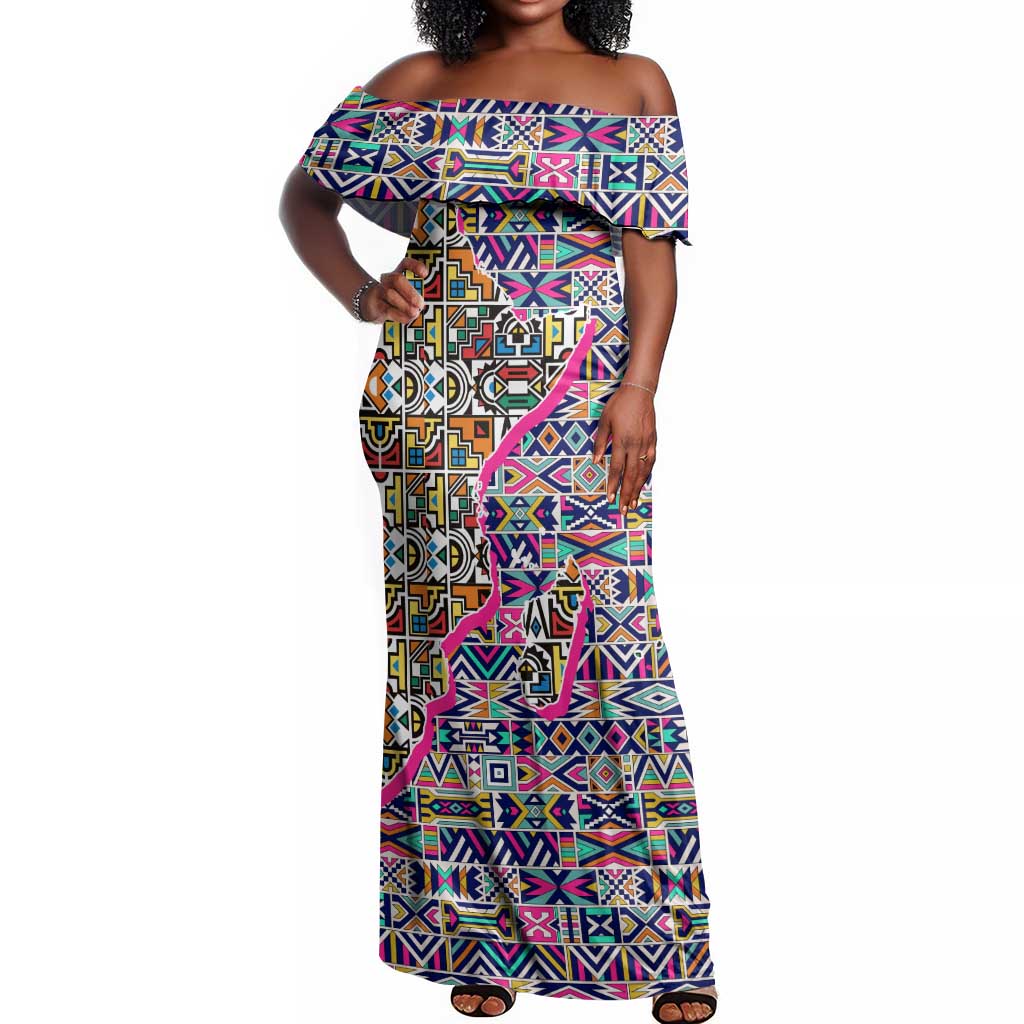 African Ndebele Pattern Off Shoulder Maxi Dress