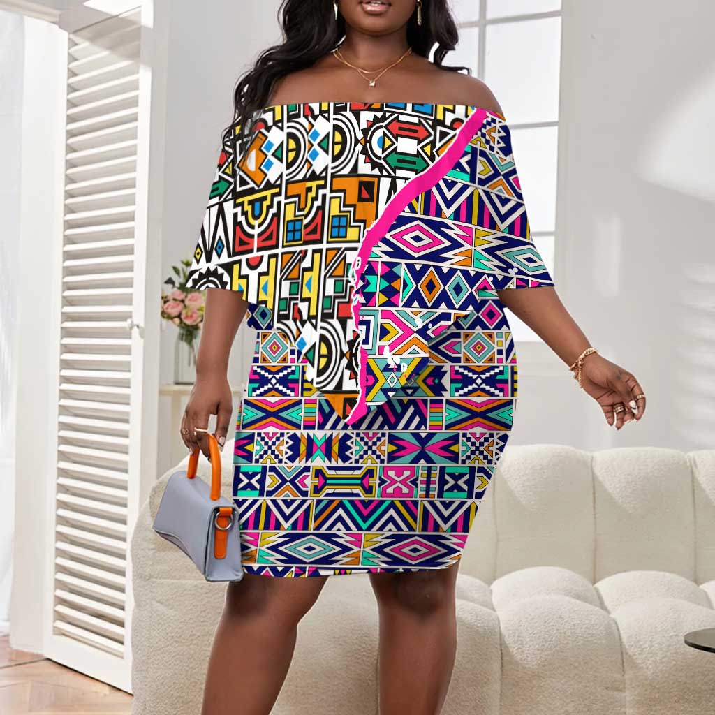 African Ndebele Pattern Off Shoulder Short Dress