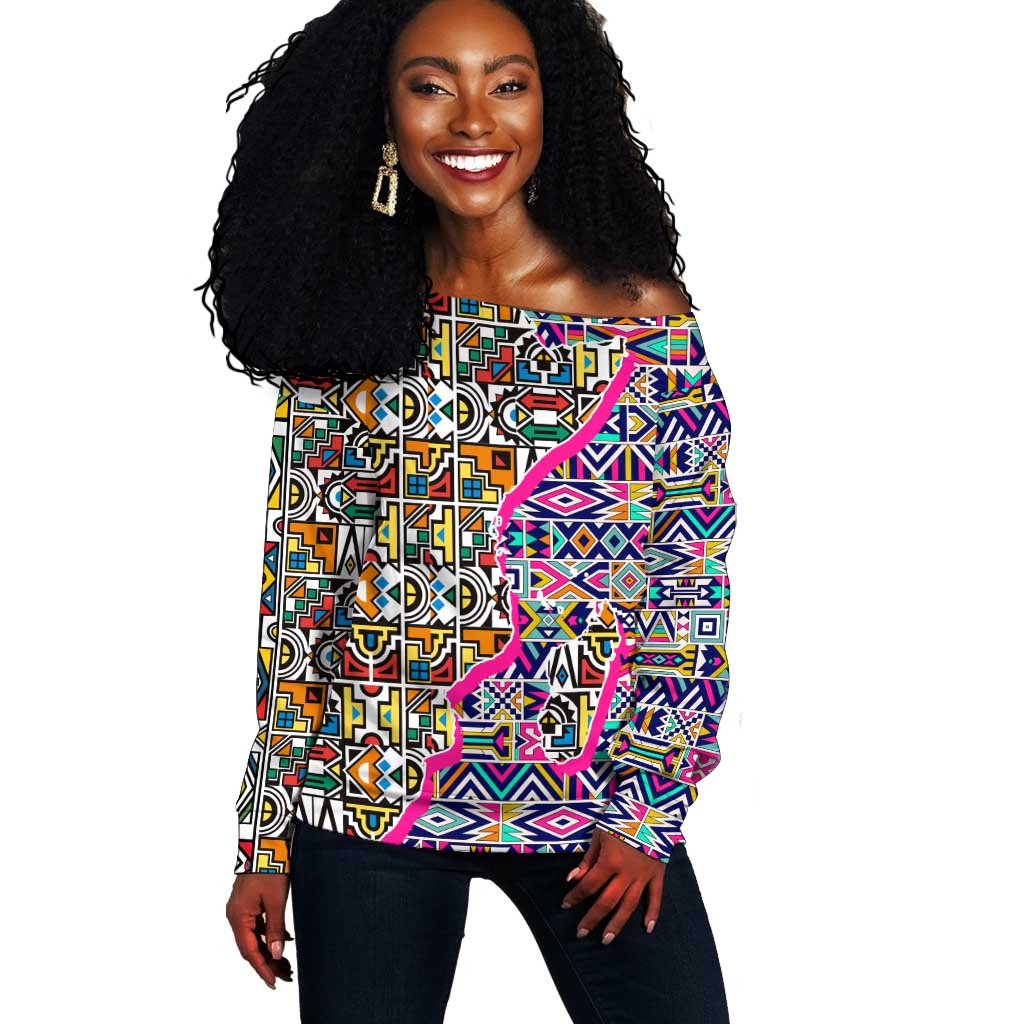 African Ndebele Pattern Off Shoulder Sweater