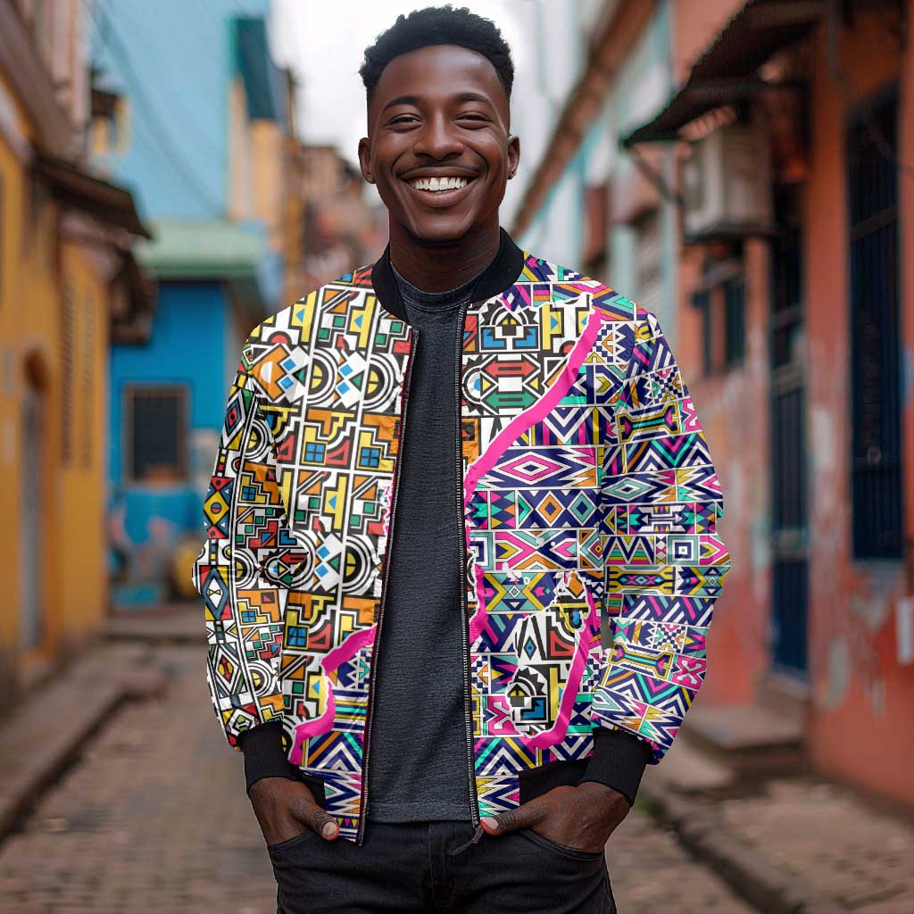 African Ndebele Pattern Sleeve Zip Bomber Jacket