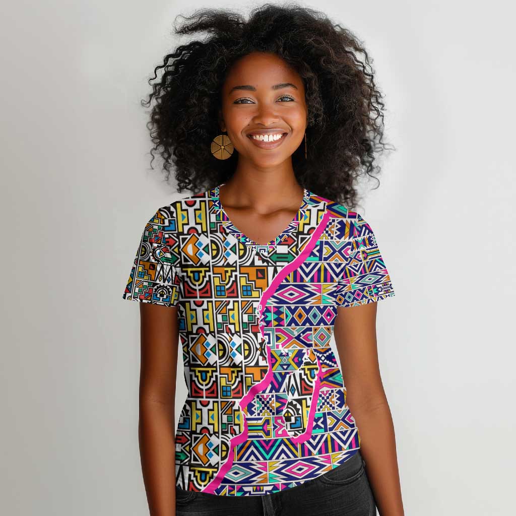 African Ndebele Pattern Women V-Neck T-Shirt