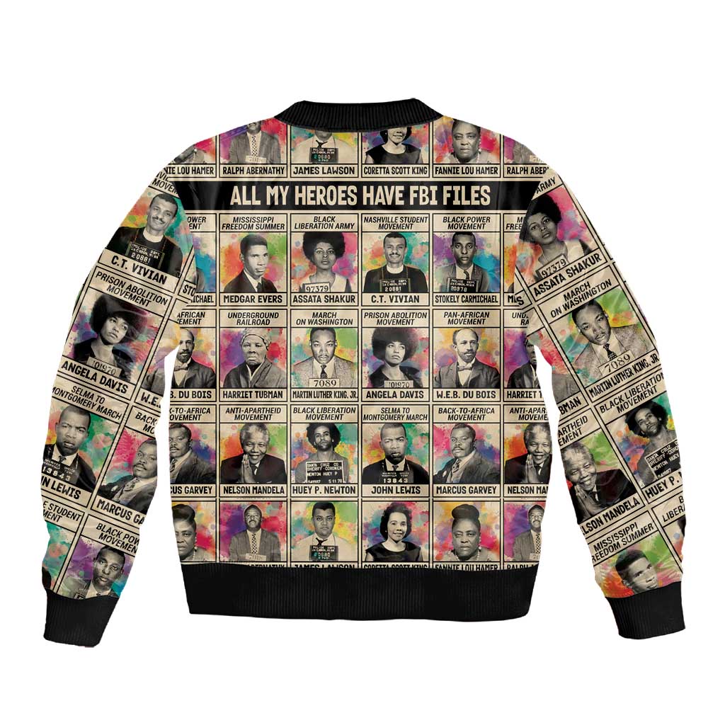 All My Heroes Have FBI Files Sleeve Zip Bomber Jacket Civil Rights Leaders
