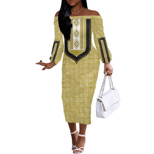 Personalized African Dashiki Off The Shoulder Long Sleeve Dress - Mudcloth Style