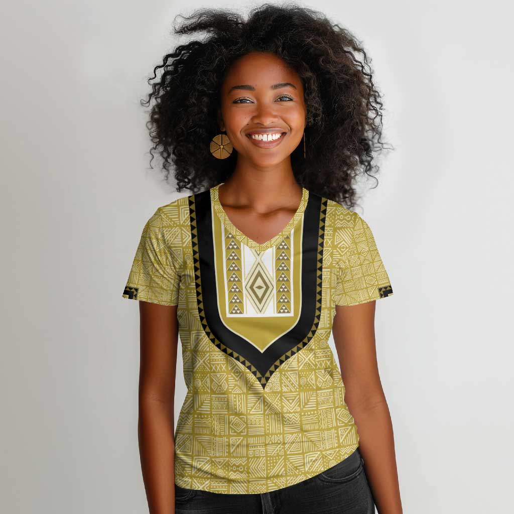 Personalized African Dashiki Women V-Neck T-Shirt - Mudcloth Style