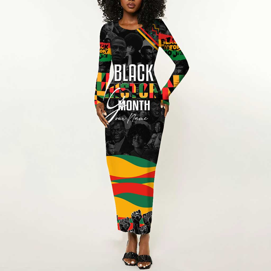 Personalized Black History Month Long Sleeve Bodycon Dress with African American Heroes