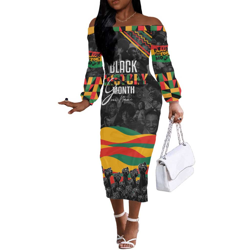 Personalized Black History Month Off The Shoulder Long Sleeve Dress with African American Heroes