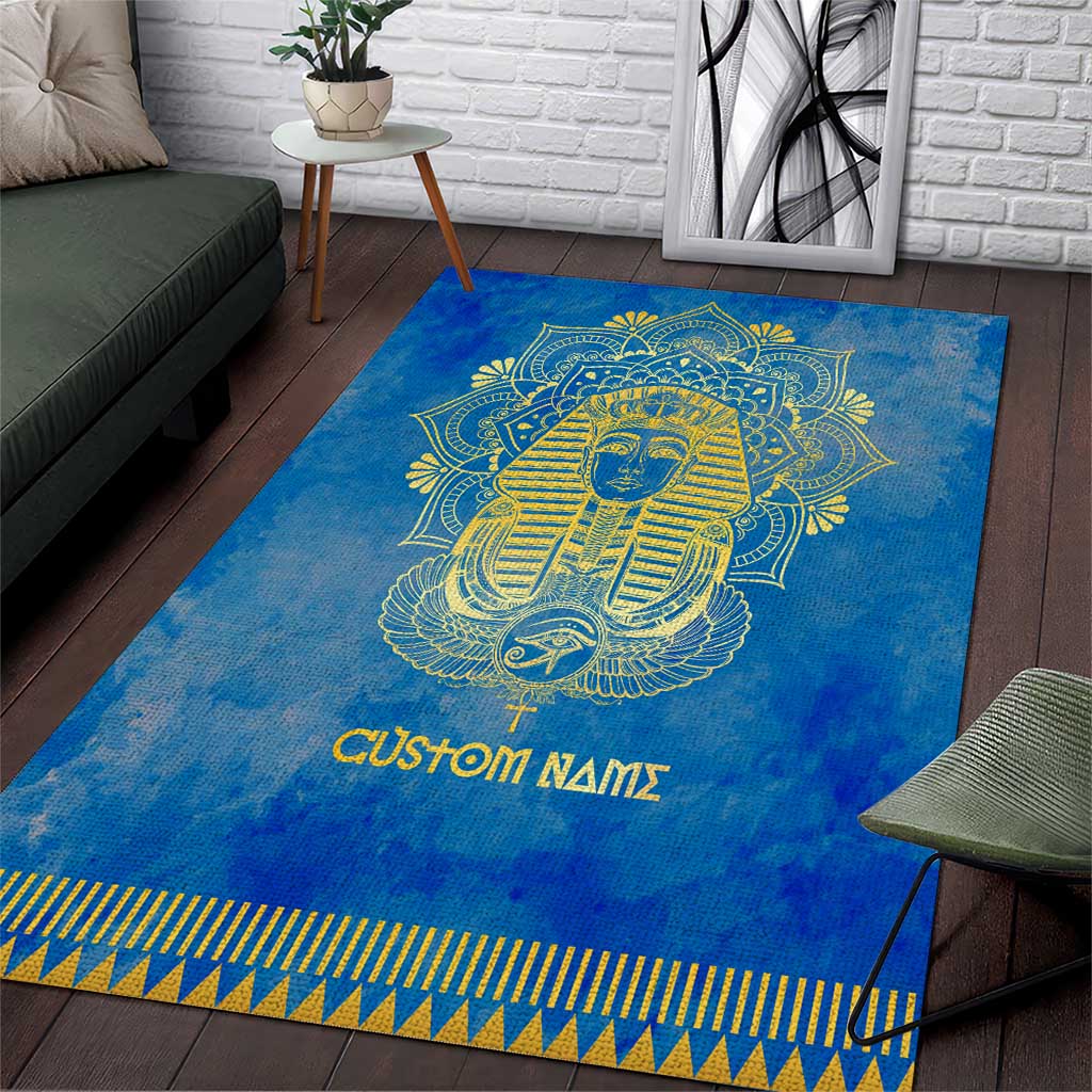 Personalized Egyptian Pharaoh Area Rug with Mandala and Eye of Horus in Blue