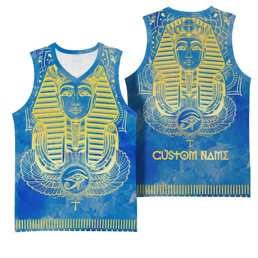 Personalized Egyptian Pharaoh Basketball Jersey with Mandala and Eye of Horus in Blue DT02