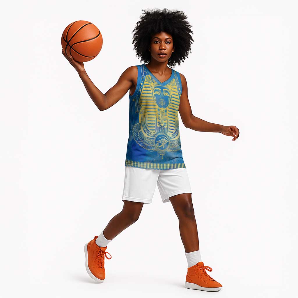 Personalized Egyptian Pharaoh Basketball Jersey with Mandala and Eye of Horus in Blue DT02