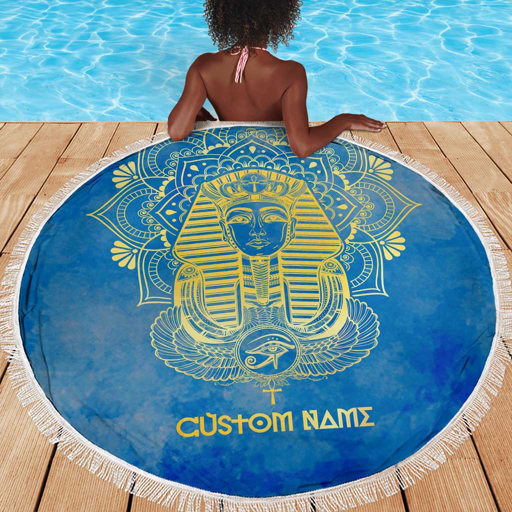 Personalized Egyptian Pharaoh Beach Blanket with Mandala and Eye of Horus in Blue