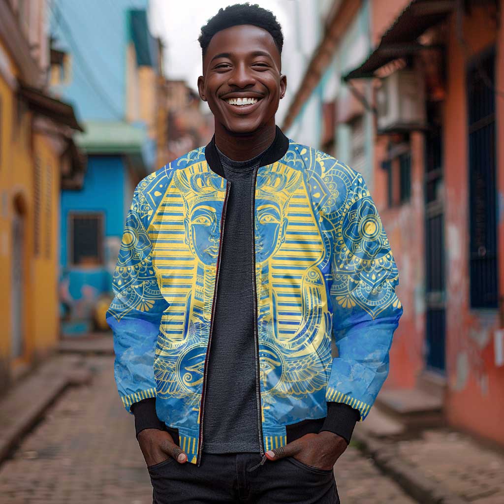 Personalized Egyptian Pharaoh Bomber Jacket with Mandala and Eye of Horus in Blue