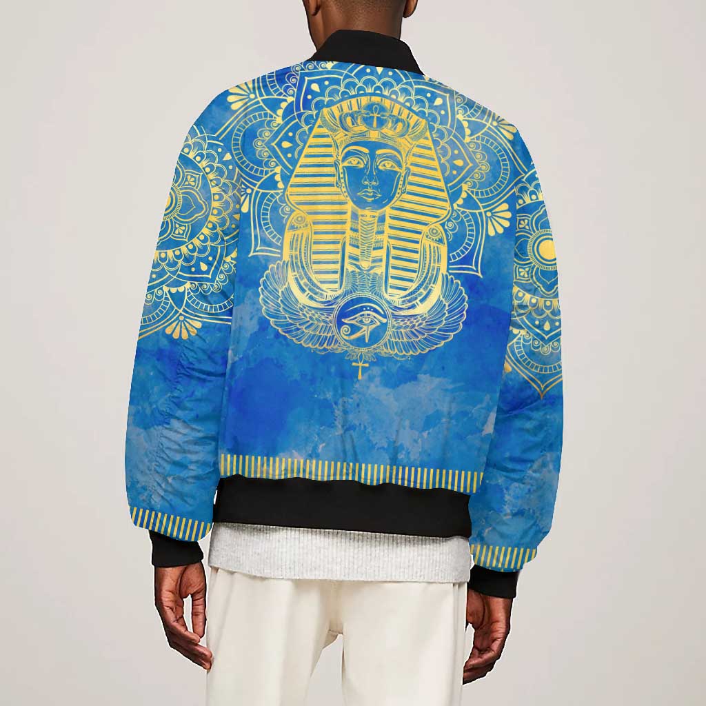 Personalized Egyptian Pharaoh Bomber Jacket with Mandala and Eye of Horus in Blue