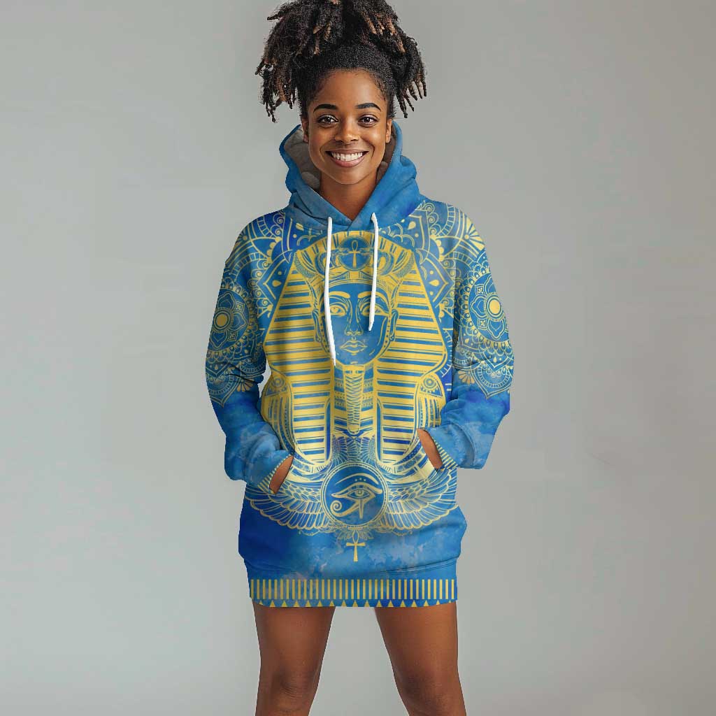 Personalized Egyptian Pharaoh Hoodie Dress with Mandala and Eye of Horus in Blue