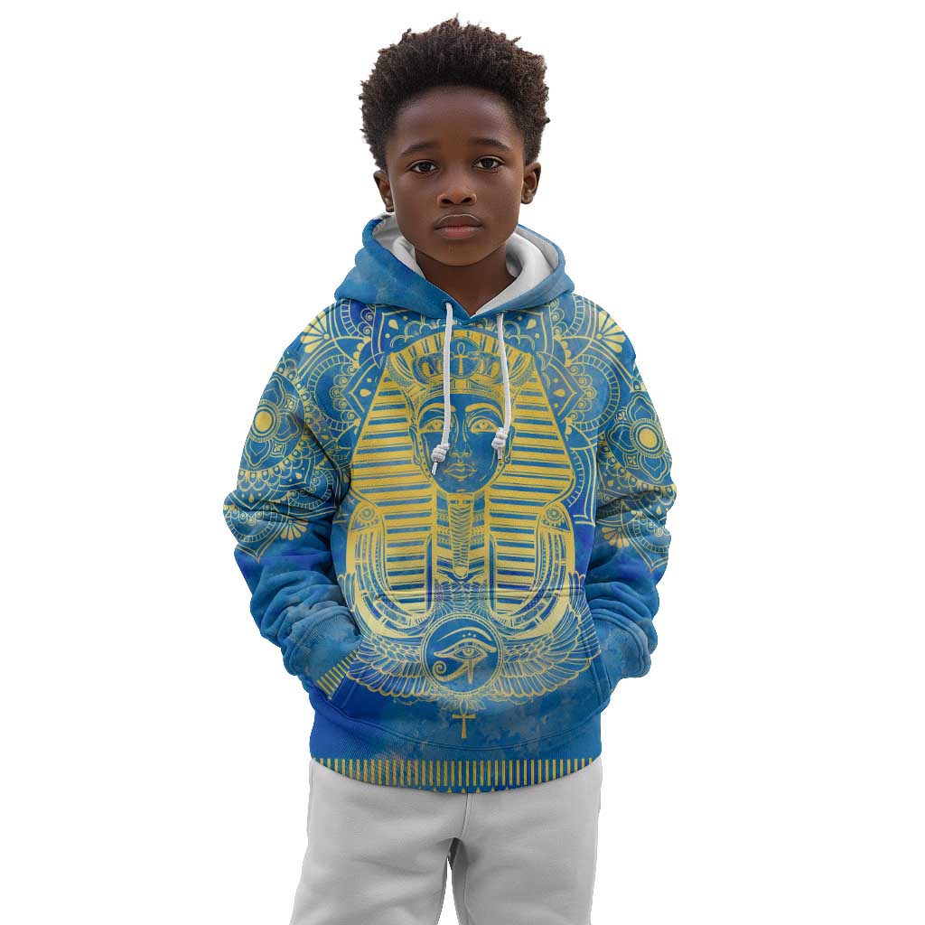 Personalized Egyptian Pharaoh Kid Hoodie with Mandala and Eye of Horus in Blue