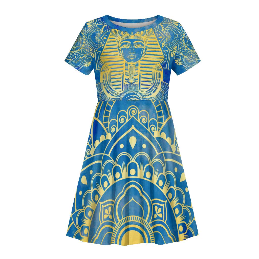 Personalized Egyptian Pharaoh Kid Short Sleeve Dress with Mandala and Eye of Horus in Blue