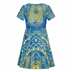 Personalized Egyptian Pharaoh Kid Short Sleeve Dress with Mandala and Eye of Horus in Blue