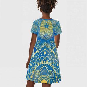 Personalized Egyptian Pharaoh Kid Short Sleeve Dress with Mandala and Eye of Horus in Blue